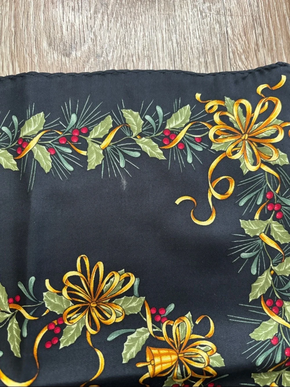 Vintage Oscar de la Renta silk scarf, Holiday/Christmas Wreath/Bell 11.5” x 53”